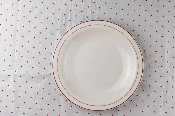White Empty Plates Polka Dot Napkin Setting Table Top View — Stock Photo, Image