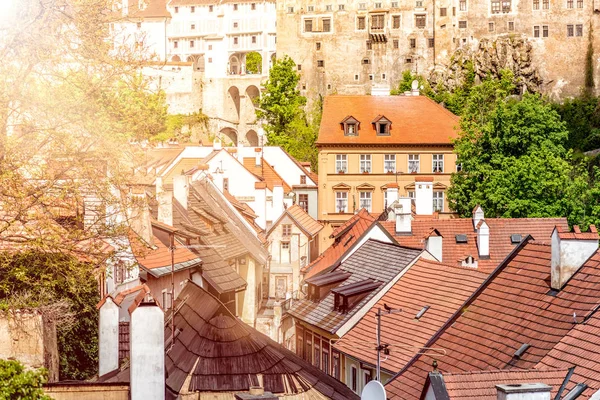 Pohled Český Krumlov Staré Město Plášťovým Mostem Součást Komplexu Hradu — Stock fotografie