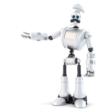 Robot Şef gösteren görünmez nesne. 3D çizim. İzole. Kırpma yolunu içerir