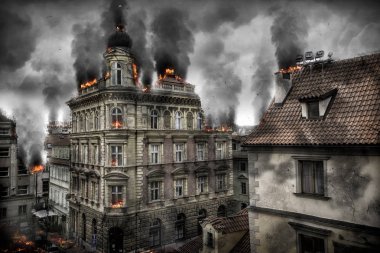 Şehir şehir kıyamet görünümünü. Dijital illüstrasyon.