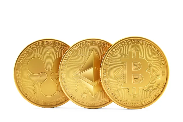 Goldmünzen Für Kryptowährungen Ethereum Bitcoin Ripple Illustration Vereinzelt Enthält Schnittpfad — Stockfoto