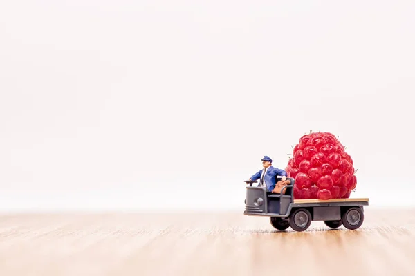 Miniatuur Vrachtwagen Geladen Met Gigantische Framboos Groente Levering Concept — Stockfoto