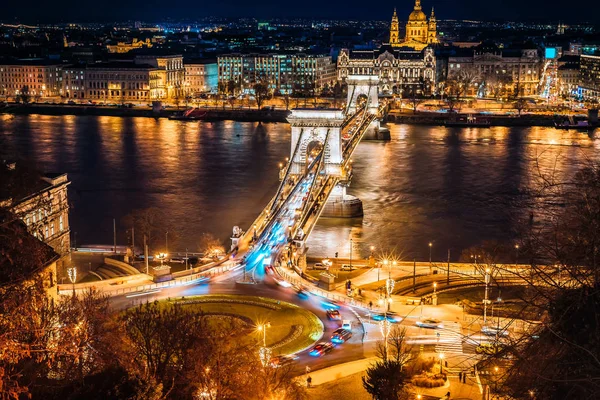 Budapest Panorámája Lánchíddal Éjjel Magyarország — Stock Fotó