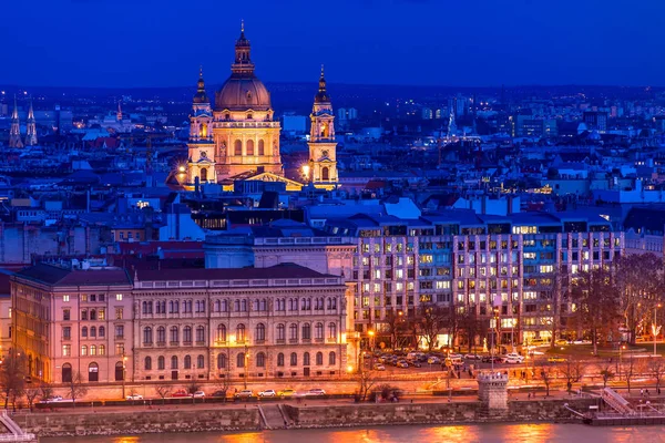 Budapest Szent István Stephen Basilica Éjjel Áttekintése Magyarország — Stock Fotó