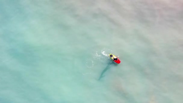 Sporty Man Paddling Sup Board Overhead View — Stock Video