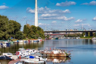 Ada Ciganlija gölündeki tekneler ve Sava Nehri üzerindeki köprü. Belgrad, Sırbistan