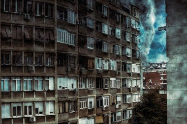 Konut binasına yaklaşan bir kasırga. Dijital illüstrasyon