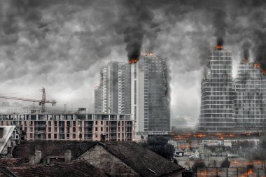 View of post-apocalyptic cityscape. Digital illustration clipart