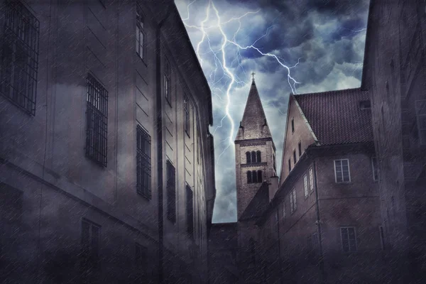 Kraftig Storm Regn Och Belysning Medeltida Stad Digital Illustration — Stockfoto