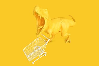 Alışveriş arabalı T-rex. Perakende satış konsepti. 3B görüntüleme
