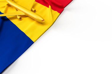 Romanya yolcu uçağı ve bayrağı. 3B illüstrasyon