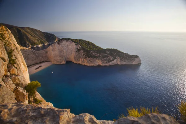 Spiaggia Navagio Con Naufragio Contro Tramonto Sull Isola Zante Grecia — Foto Stock