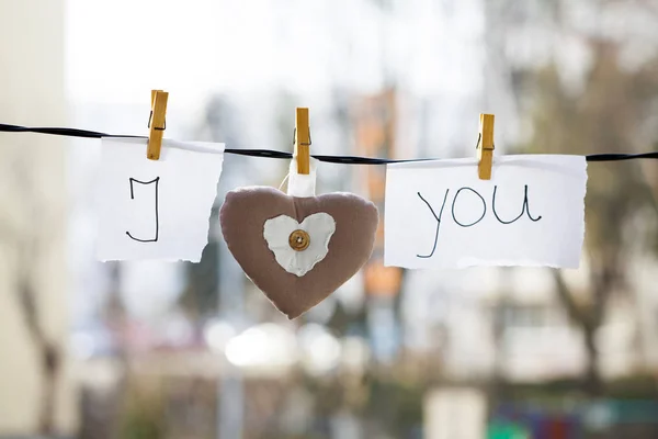 Love You Background Heart Note Words Love You Hanging Clothesline — Stock Photo, Image