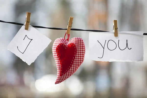 Love You Background Heart Note Words Love You Hanging Clothesline — Stock Photo, Image