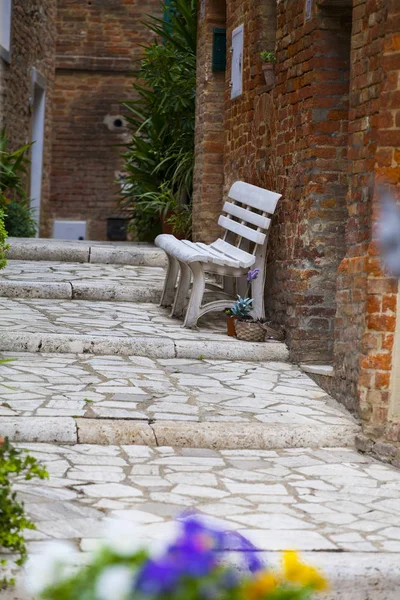 Retro Bench Old Italian House Small Town Pienza Italy Plant — Stock Photo, Image