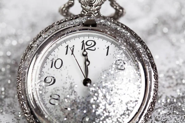 Old Silver Watch Closeup Midnight New Year Concep — Stock Photo, Image