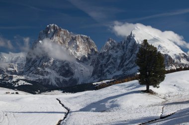 Langkofel ve Plattkofel güzel görünümünü (Sassolungo ve Sassopiatto) dolomites dağlarda Alpe di Siusi veya Seiser Alm South Tyrol, İtalya için kış.