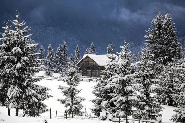 喀尔巴泰山脉的童话般的冬季景观 雪覆盖了小山村 — 图库照片