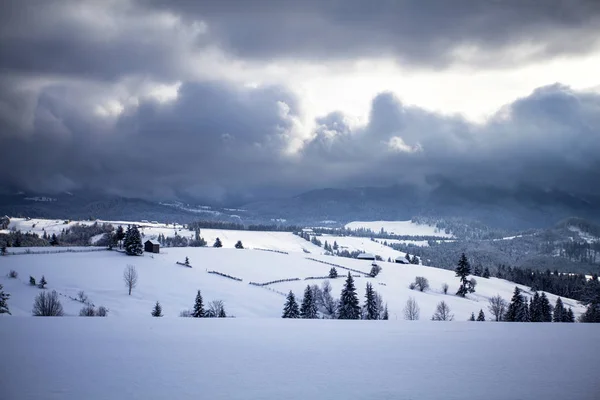 Paisaje Invernal Hadas Las Montañas Cárpatas Nieve Cubierto Pequeño Pueblo — Foto de Stock