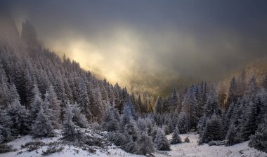 Dramatik gündoğumu, sis ve kar yağışı ile fantastik şafak kış manzara