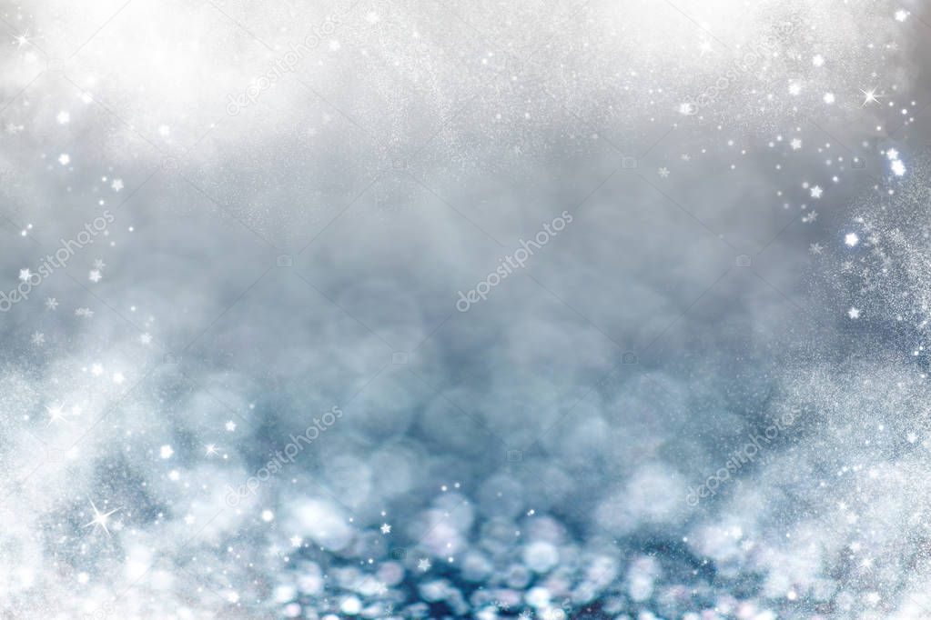 Magic holiday glitter background with blinking stars and ice. Blurred bokeh of Christmas lights.