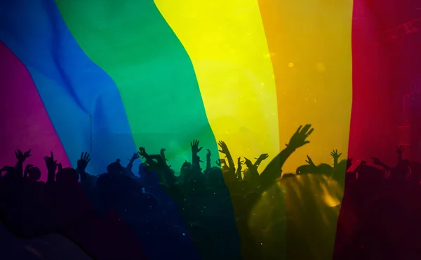 Silhouette of a parade of gays and lesbians with a rainbow flag — Stock Photo, Image