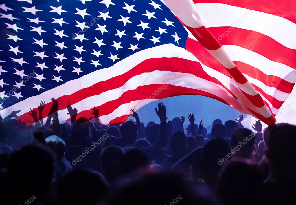 United States flag - crowd celebrating 4th of July Independence 