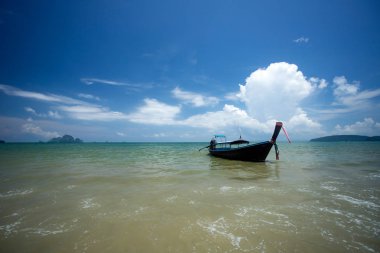 Geleneksel longtail tekneler ile Ao Nang Beach, Krabi, Tayland.