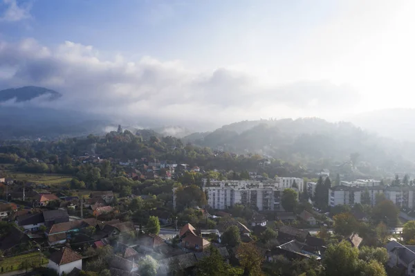 Aerial early morning view of Sovata town in autumn, Romania. — Stock Photo, Image