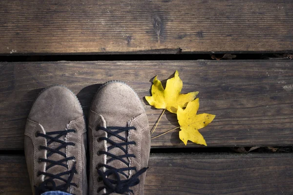 Conceptual image of legs in boots and autumn leaves. — Stock Photo, Image