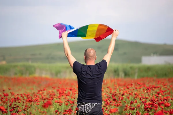 Homem Segurando Uma Bandeira Arco Íris Gay Belo Campo Papoula — Fotografia de Stock