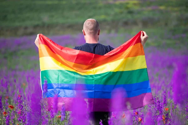 Homme Tenant Drapeau Arc Ciel Gay Dans Beau Champ Été — Photo