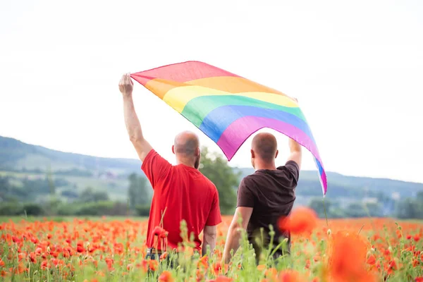 Gay Casal Segurando Gay Arco Íris Bandeira Sobre Bela Papoula — Fotografia de Stock