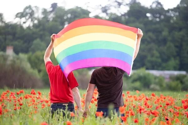 ゲイカップルは美しいポピー畑の上にゲイレインボーフラッグを持っています バイセクシャル レズビアン トランスセクシャルのシンボル 同じセックスカップルのための幸福 自由と愛の概念 — ストック写真