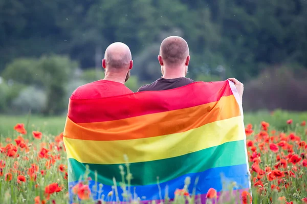 Gay Casal Segurando Gay Arco Íris Bandeira Sobre Bela Papoula — Fotografia de Stock