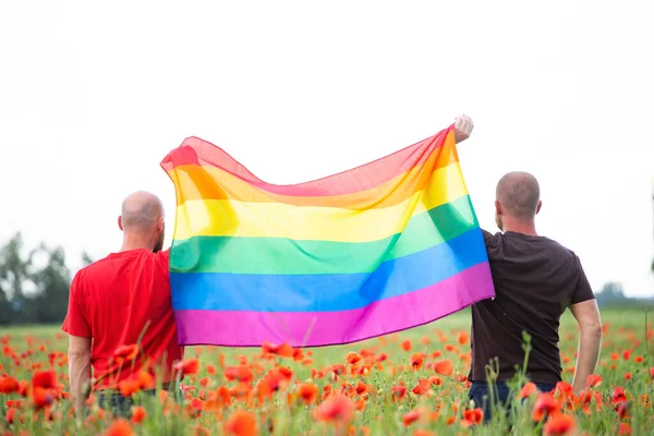 Gay Casal Segurando Gay Arco Íris Bandeira Sobre Bela Papoula — Fotografia de Stock