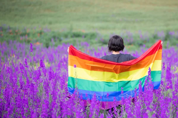 美しい夏のフィールドでゲイレインボーフラッグを保持する女性 バイセクシャル レズビアン トランスセクシャルのシンボル 同じセックスカップルのための幸福 自由と愛の概念 — ストック写真