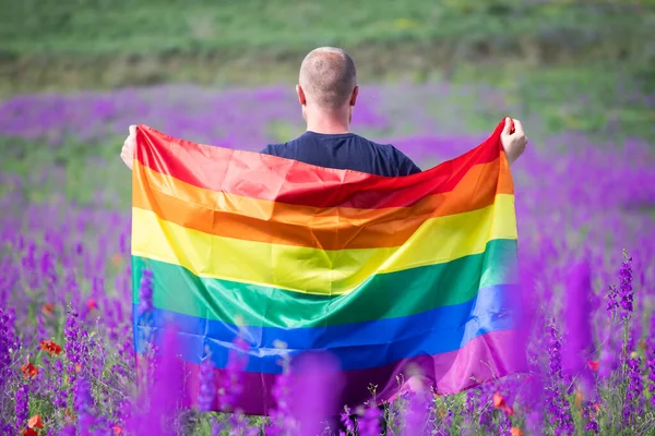 Homme Tenant Drapeau Arc Ciel Gay Dans Beau Champ Été — Photo