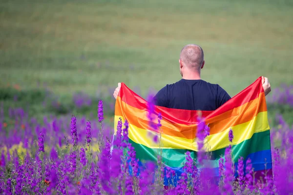 在美丽的夏季田野里举着同志彩虹旗的男人 双性恋 同性恋 女同性恋 变性人的象征 同性夫妇的幸福 自由和爱的概念 — 图库照片