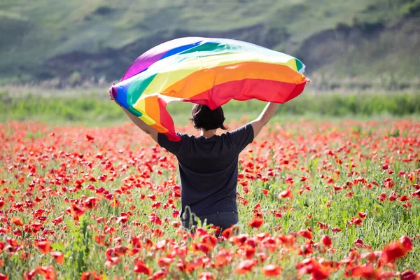 Donna Che Tiene Una Bandiera Gay Arcobaleno Sul Campo Papaveri — Foto Stock