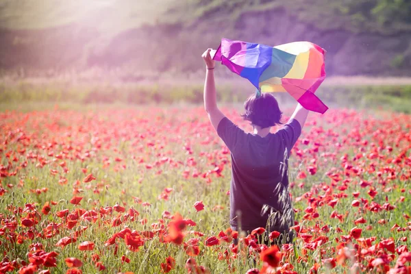 Donna Che Tiene Una Bandiera Gay Arcobaleno Sul Campo Papaveri — Foto Stock