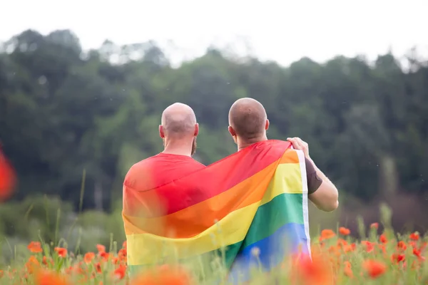 Gay Casal Segurando Gay Arco Íris Bandeira Sobre Bela Papoula — Fotografia de Stock