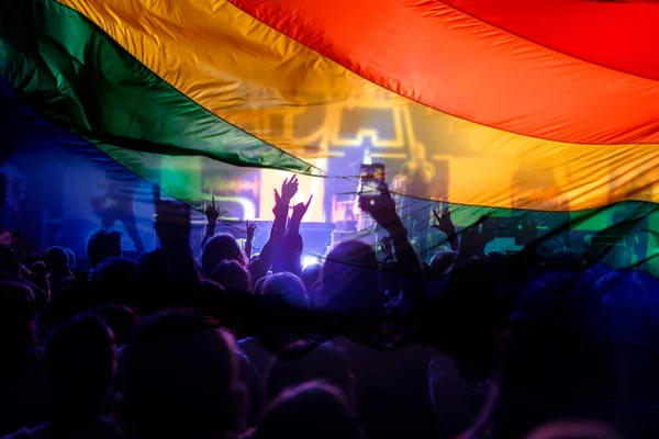 Pride Community Parade Hands Raised Lgbt Flag Symbol Love Tolerance — Stock Photo, Image