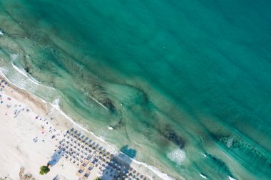 Renkli şemsiyeli kumlu sahil manzarası yazın şeffaf mavi suyla insanları deniz koyunda yüzdürüyor. Thassos Adası, Yunanistan 'da Seyahat. 