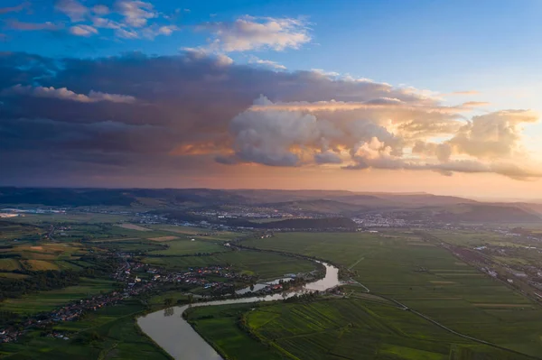 Sunset Aerial Atmospheric View Curving River Somesul Transylvani Romania Beautiful — Stock Photo, Image