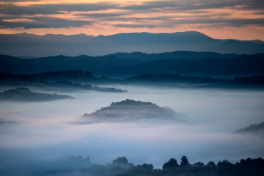 Gün doğumunda dağlarda güzel bir manzara. Ormanla kaplı sisli tepeler ve vadi manzarası.