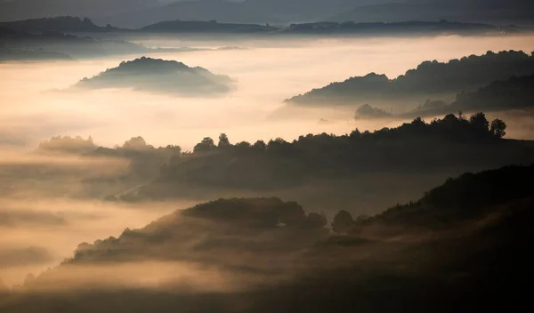 Schöne Landschaft Den Bergen Bei Sonnenaufgang Blick Auf Neblige Hügel — Stockfoto