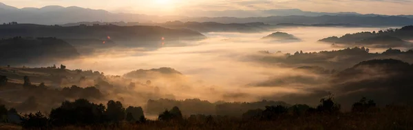 Banner of beautiful landscape in the mountains at sunrise. View of foggy hills and valley covered by forest.