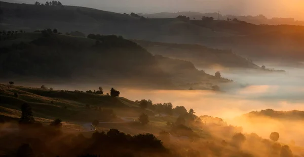 Banner Beautiful Landscape Mountains Sunrise View Foggy Hills Valley Covered — Stock Photo, Image