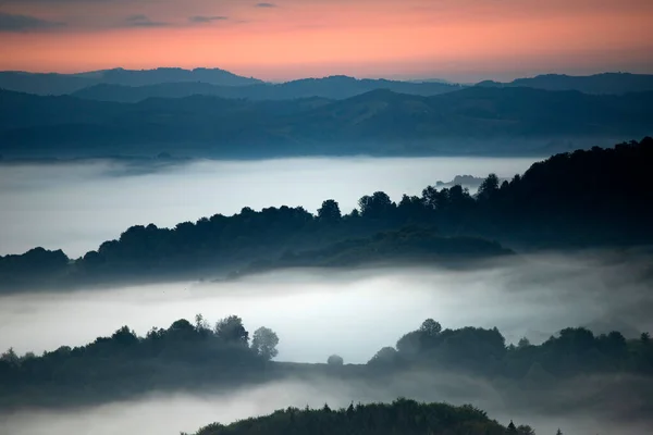 Schöne Landschaft Den Bergen Bei Sonnenaufgang Blick Auf Neblige Hügel — Stockfoto